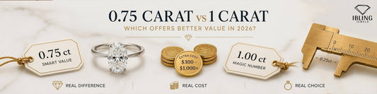 0.75 carat vs 1 carat lab grown diamond engagement ring comparison showing value, size difference and price savings in 2026.