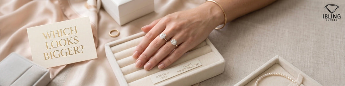 0.75 carat oval vs 1 carat round brilliant diamond engagement ring comparison on hand showing visible size difference.