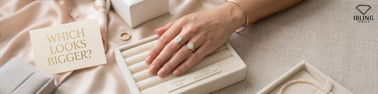 0.75 carat oval vs 1 carat round brilliant diamond engagement ring comparison on hand showing visible size difference.