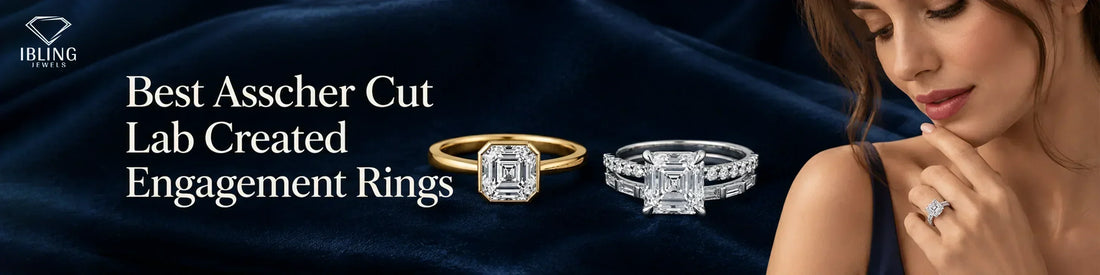 Luxury lab created diamond Asscher cut engagement rings from Ibling Jewels displayed against a dark blue velvet background.