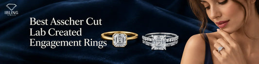 Luxury lab created diamond Asscher cut engagement rings from Ibling Jewels displayed against a dark blue velvet background.