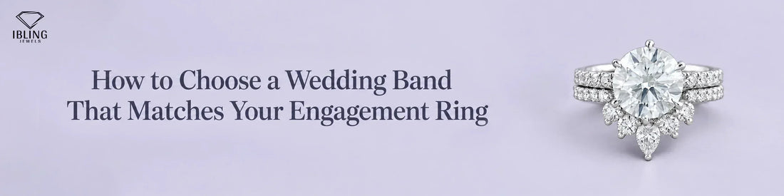 Diamond engagement ring with matching wedding band, featuring Ibling Jewels branding on a soft lavender background image.
