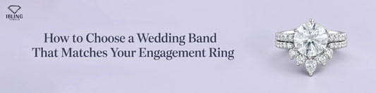 Diamond engagement ring with matching wedding band, featuring Ibling Jewels branding on a soft lavender background image.