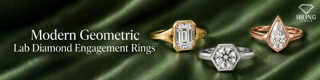 Modern geometric lab diamond engagement rings by Ibling Jewels featured on a green luxury banner with three gold ring designs.