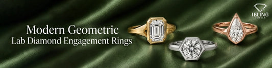 Modern geometric lab diamond engagement rings by Ibling Jewels featured on a green luxury banner with three gold ring designs.