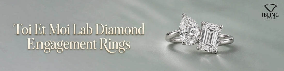 Lab diamond Toi et Moi engagement ring from Ibling Jewels with pear and emerald cut stones in a sleek design.