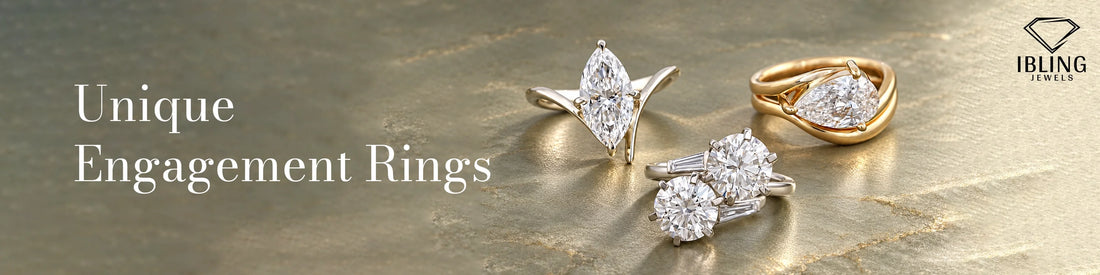Unique engagement rings by Ibling Jewels showcasing distinctive marquise, double-stone round, and pear lab-grown diamonds.