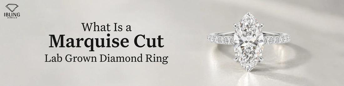 Lab grown marquise cut diamond ring on a neutral background, from Ibling Jewels design with elongated center diamond.
