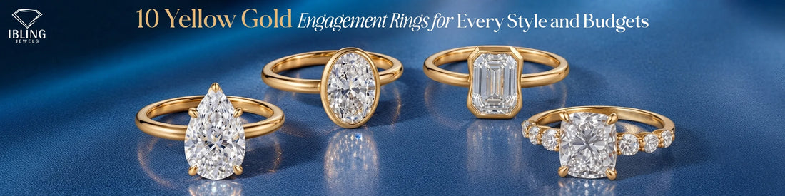 Collection of yellow gold engagement rings featuring a pear cut solitaire ring, bezel set oval engagement ring, emerald cut bezel ring and cushion cut diamond ring with side stones on a blue background.