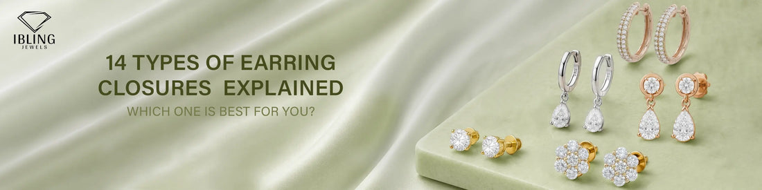 Image showing diamond stud earrings with screw backs, leverback huggies, rose gold hoops, and cluster studs.Image showing diamond stud earrings with screw backs, leverback huggies, rose gold hoops, and cluster studs to guide best earrings closures type.