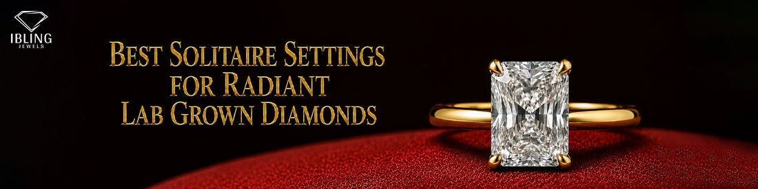 Radiant cut lab diamond solitaire ring by Ibling Jewels with a classic gold setting on red velvet.