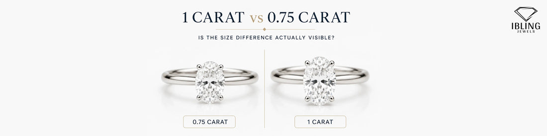 1 carat vs 0.75 carat oval engagement ring comparison showing visible size difference in lab grown diamonds.