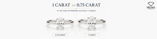 1 carat vs 0.75 carat oval engagement ring comparison showing visible size difference in lab grown diamonds.