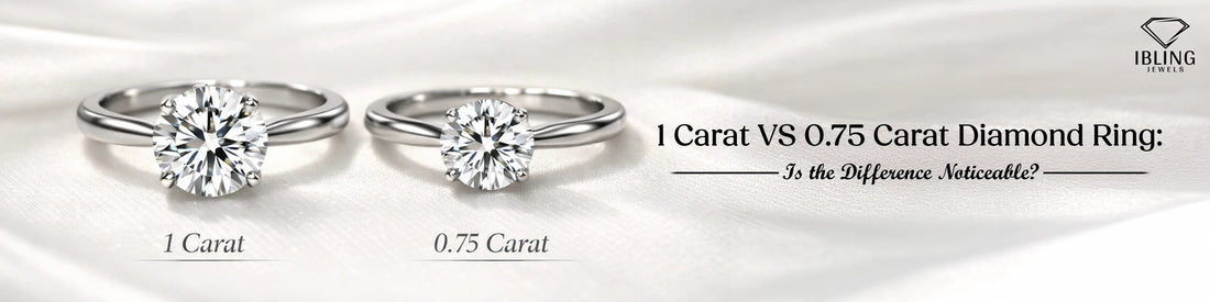 1 carat vs 0.75 carat diamond ring comparison showing round cut solitaire engagement rings size difference