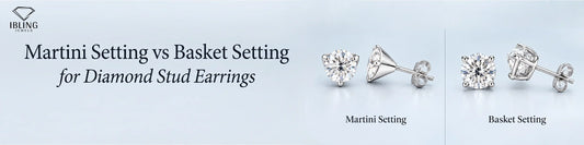Diamond stud earrings showing Martini and Basket settings side by side, with Ibling Jewels branding for style comparison.