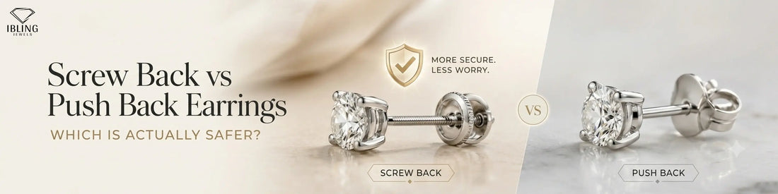 Diamond stud earrings at Ibling Jewels illustrating the difference between screw-back and push-back earring fasteners.