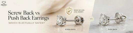 Diamond stud earrings at Ibling Jewels illustrating the difference between screw-back and push-back earring fasteners.