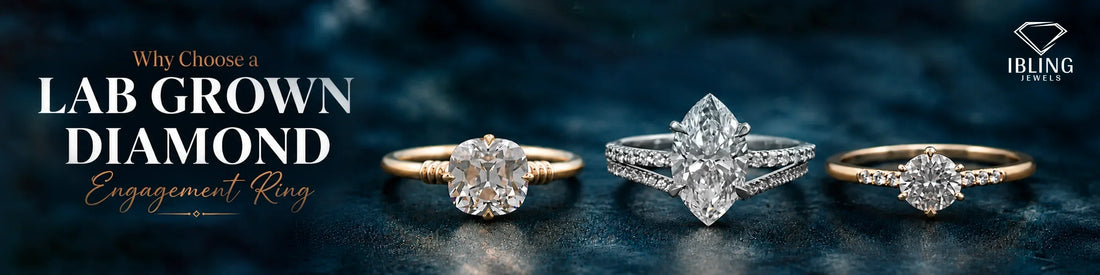 Three lab grown diamond engagement rings by Ibling Jewels on a dark blue luxury background.