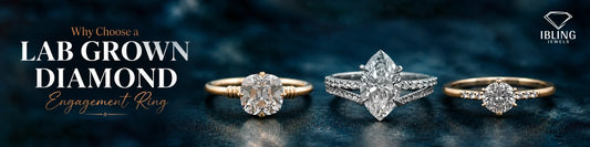 Three lab grown diamond engagement rings by Ibling Jewels on a dark blue luxury background.