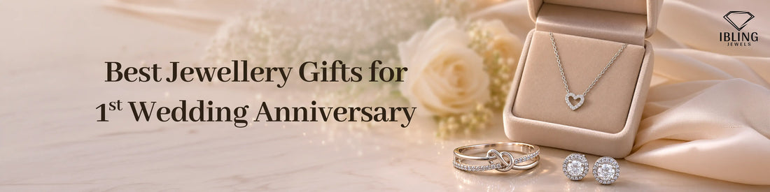 1st wedding anniversary jewelry gifts by iBling Jewels featuring diamond heart pendant necklace, halo diamond stud earrings and diamond infinity ring in yellow gold.