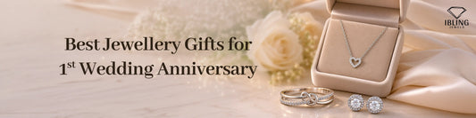 1st wedding anniversary jewelry gifts by iBling Jewels featuring diamond heart pendant necklace, halo diamond stud earrings and diamond infinity ring in yellow gold.