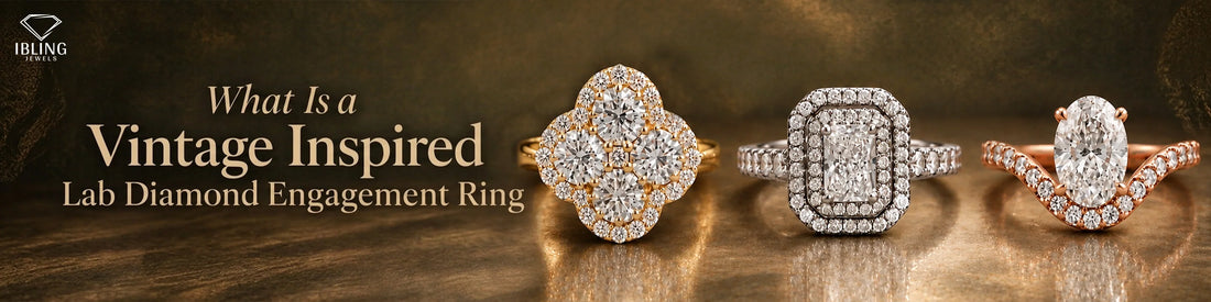 Ornate vintage-inspired lab diamond engagement rings, Ibling Jewels showcasing oval, cushion, and floral ring designs.