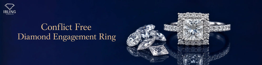 Conflict-free diamond engagement ring with loose diamonds and an Ibling Jewels halo engagement ring on navy blue background.