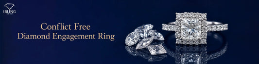 Conflict-free diamond engagement ring with loose diamonds and an Ibling Jewels halo engagement ring on navy blue background.