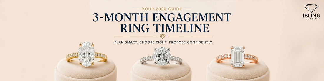 3 month engagement ring timeline guide featuring yellow gold oval diamond ring, white gold round diamond engagement ring, and rose gold emerald cut solitaire engagement rings.