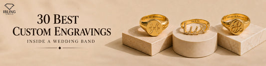 30 Best Custom Engravings Inside a Wedding Band by Ibling Jewels banner featuring three engraved gold rings on stone stands.