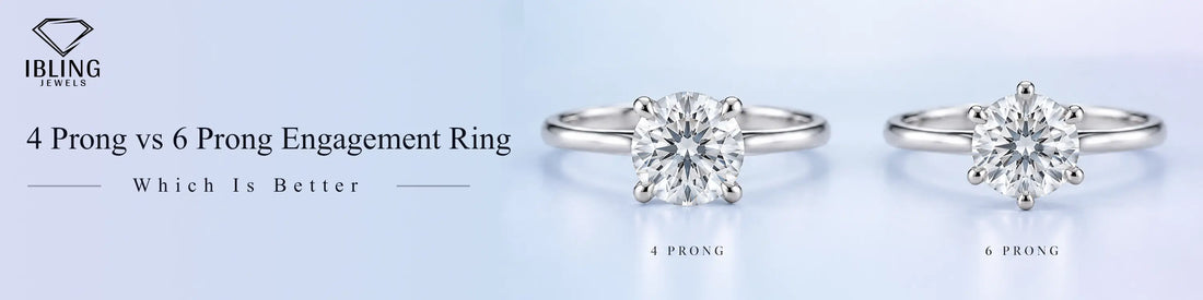 Image show comparison of 4 prong round diamond ring vs 6 prong round engagement ring in white gold.