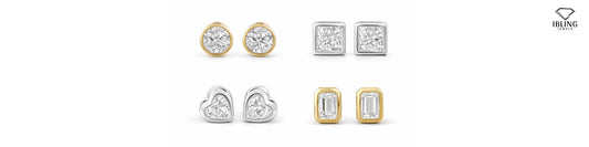 Best bezel set diamond earrings 2026 featuring round, princess, heart and emerald cut diamond studs at iBling Jewels