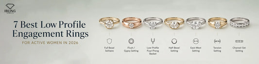 Best low profile engagement ring featuring full bezel diamond ring, flush setting engagement ring, four prong diamond ring, half bezel engagement ring, east west engagement ring, tension setting ring and channel set band.