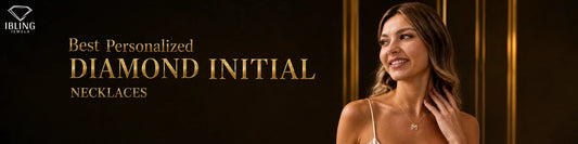 Woman wearing a diamond initial necklace by Ibling Jewels, showcasing personalized jewelry with charm.