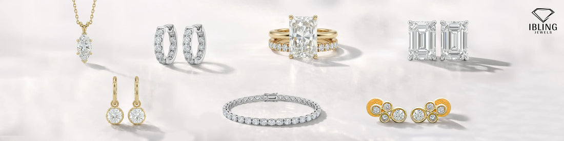 Fine jewelry for bridesmaids including lab grown diamond studs, hoop earrings, pendant necklace, diamond rings and tennis bracelet for wedding jewelry style