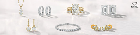 Fine jewelry for bridesmaids including lab grown diamond studs, hoop earrings, pendant necklace, diamond rings and tennis bracelet for wedding jewelry style