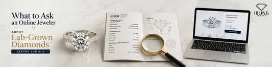 Questions to ask an online jeweler before buying lab-grown diamonds, featuring a diamond ring, IGI certificate.