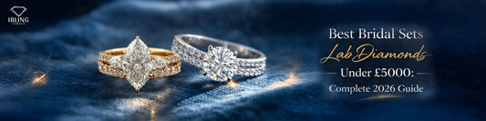 Lab grown diamond bridal sets under £5000 featuring round and marquise engagement rings with matching bands