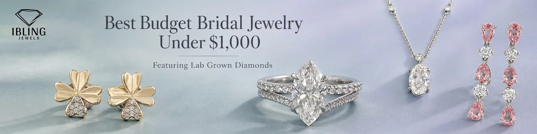 Best bridal jewelry under $1000 featuring white marquise diamond engagement ring, flower stud earrings, pink pink diamond dangle earrings and oval diamond station necklace.
