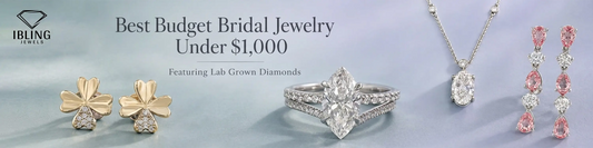 Best bridal jewelry under $1000 featuring white marquise diamond engagement ring, flower stud earrings, pink pink diamond dangle earrings and oval diamond station necklace.