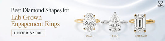 Image show yellow gold oval diamond ring, white gold pear shaped diamond ring and emerald shaped diamond ring white gold to compare best diamond shape for lab grown engagement rings under $2000.