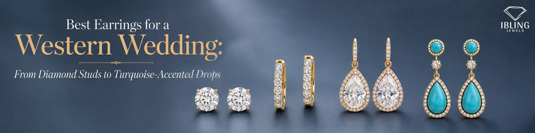 Collection of Western wedding earrings featuring diamond studs, gold huggies, halo pear drop earrings, and turquoise drop earrings.