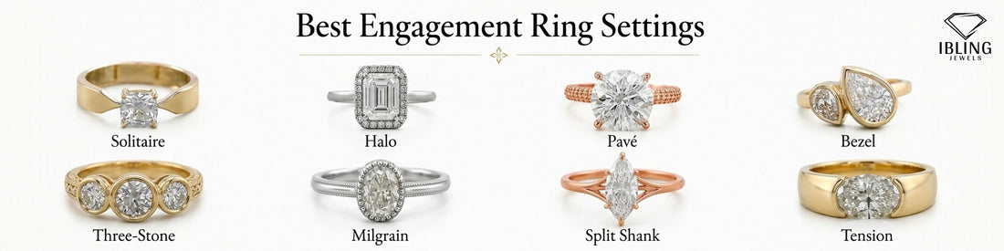Different types of engagement ring settings featuring solitaire, halo, pave, bezel, milgrain, split shank tension and three stone diamond engagement rings.