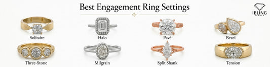 Different types of engagement ring settings featuring solitaire, halo, pave, bezel, milgrain, split shank tension and three stone diamond engagement rings.