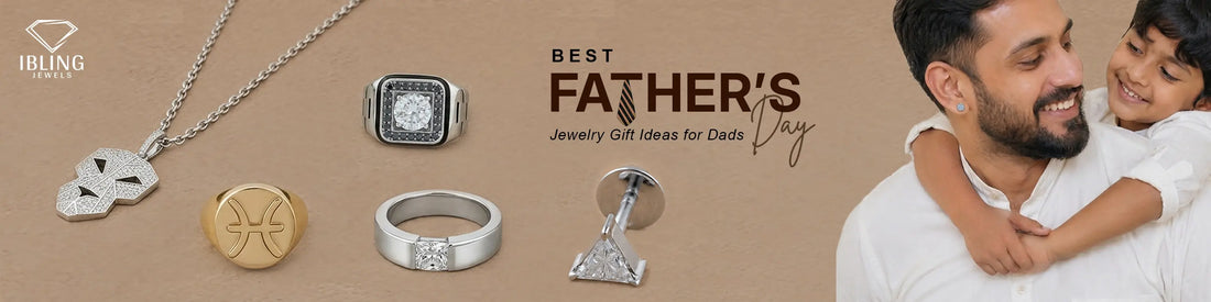 Father's Day jewelry gift ideas featuring men's diamond necklace, diamond ring, signet ring, triangle stud earring and lab grown diamond jewelry for dads