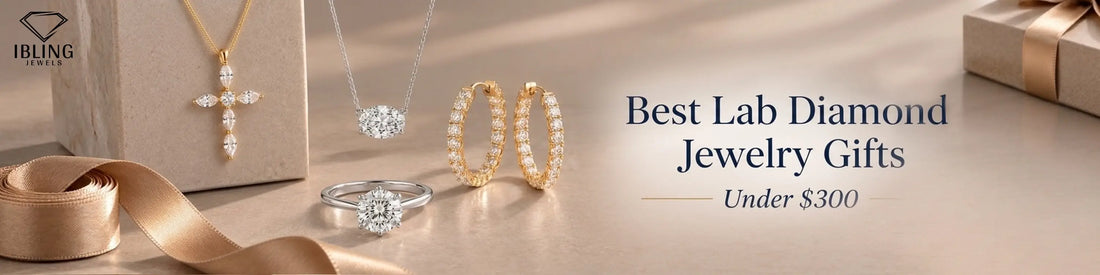 Best lab diamond jewelry gifts under $300 showcasing a cross pendant, round diamond solitaire ring, east west oval pendant, and hoop earrings by Ibling Jewels.