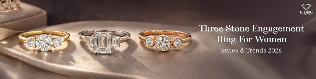 Three stone engagement rings for women featuring round and emerald cut lab grown diamonds by iBling Jewels