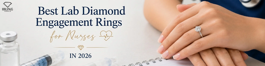 Nurse wearing a low profile bezel set lab diamond engagement ring on ring finger.