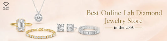 Best online lab diamond jewelry store in the USA featuring engagement rings, tennis bracelet, stud earrings, pendant necklace and eternity band.