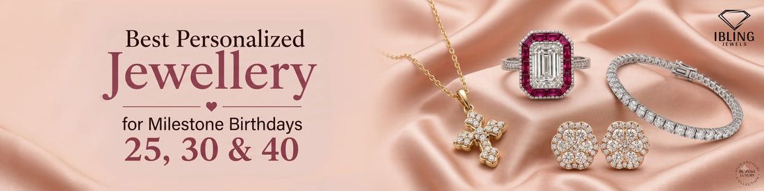 Personalized jewellery gift ideas featuring a diamond cross necklace yellow gold, ruby emerald cut engagement ring, diamond cluster stud earring, and round diamond tennis bracelet for 25th, 30th, 40th birthdays.